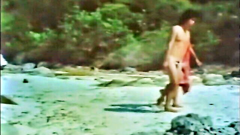 Vintage nude males walking on tropical beach, outdoor gay scene