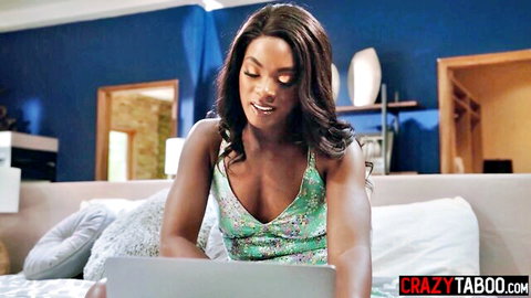 Ana Foxxx black MILF in green dress masturbating solo on laptop