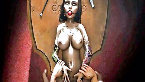 Tattooed 3D nude babe with huge tits and spread pussy groped by multiple hands