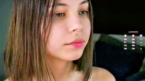 Shickshackshock young skinny camgirl close-up, fit brunette with green eyes