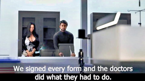 Busty black-haired woman in low-cut top shows deep cleavage to man with laptop in hospital room