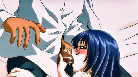 Anime hentai girl with blue hair has her large tits groped through open shirt