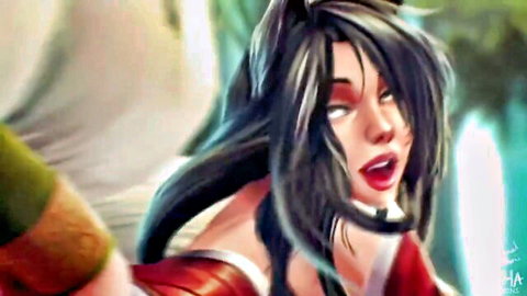 Ahri fox girl seductively moaning in red dress with green monster, anime hentai art