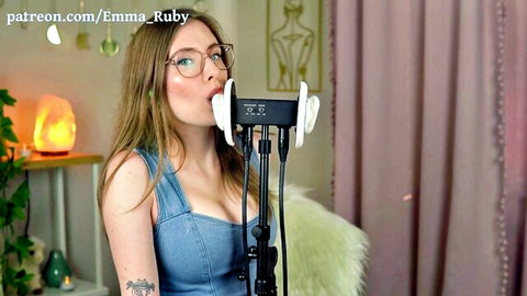 Emma Ruby ASMR ear licking with deep cleavage and glasses