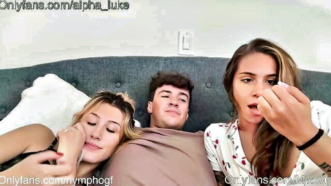 Alpha Luke with blonde and brunette babes teasing on bed