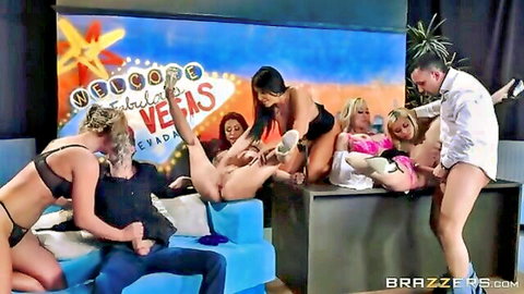 Sensational TV show orgy with lingerie-clad blondes and brunettes