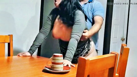 BBW Kelly stepmom bends over table as stepson grabs her from behind, hot taboo sex