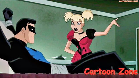 Harley Quinn confronts injured Nightwing in seductive cartoon pose