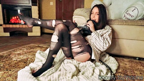 Moona in torn black stockings and open shirt, seductive ASMR phone tease