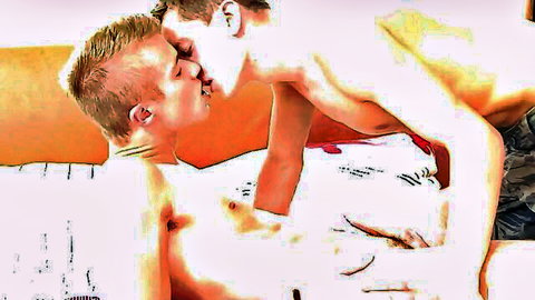 Two fit caucasian men passionately kissing shirtless in bed