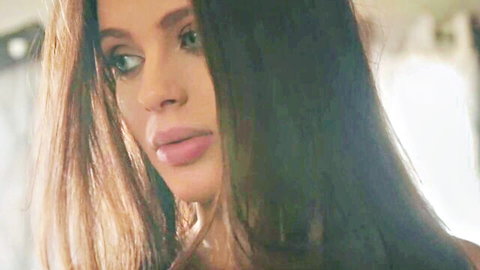Seductive brunette babe with green eyes and plump cock-sucking lips closeup