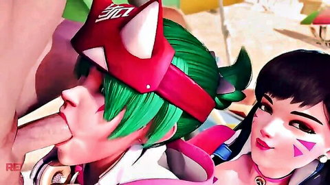 Futanari Kiriko with green hair thrusts cock deep into D.Va's smiling mouth in Overwatch hentai blowjob