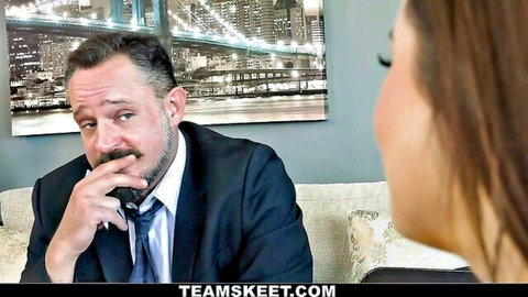 Mature man in suit flirts with sexy Asian babysitter in affair scene