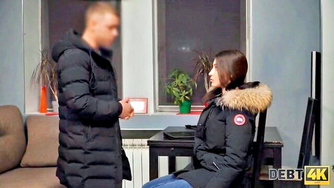 Russian natural tits babe pays rent with mouth and wet pussy in coat