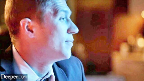 Intense suited man in dim light, tease for dominant woman boy toy creampie scene