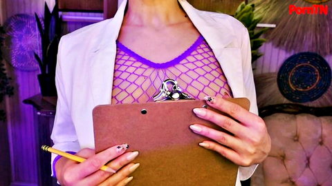 Irma La Dulce in purple mesh top as sexy medical student, ASMR cleavage tease