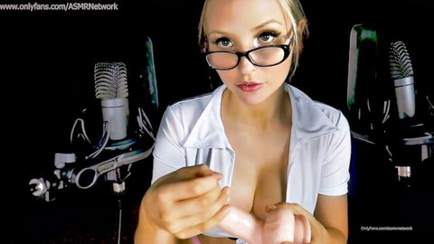 Blonde ASMR teacher in glasses teases with pink dildo, deep cleavage