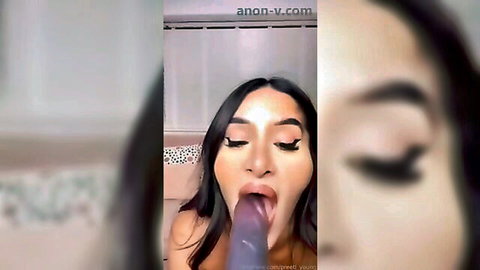 Sexy Latina brunette sucking purple dildo, squirt preview