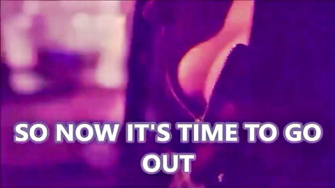 Busty woman with exposed breast in sexy purple dress, ready to go out after transformation