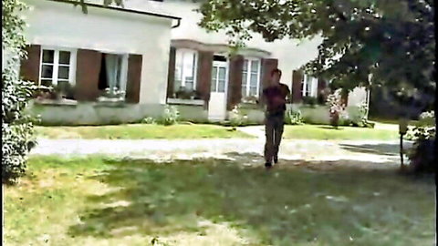 Mature French woman with huge boobs in outdoor home scene