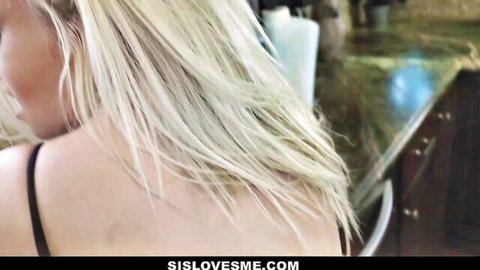 Hot blonde stepsister in black spaghetti strap top, long hair tease
