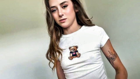 Petite teen step sister in white teddy bear crop top, teasing gaze for virginity scene