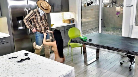 Stepbro in cowboy disguise tricks nude stepsis into oral in kitchen creampie scene