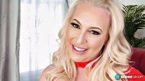 Stassi Rossi blonde beauty in red choker smiling seductively