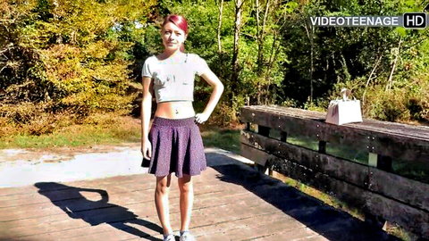 Cute 18yo redhead in crop top and mini skirt for first porn interview outdoors