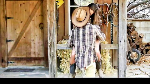 Cowboy fucking sexy cowgirl bent over hay bale from behind