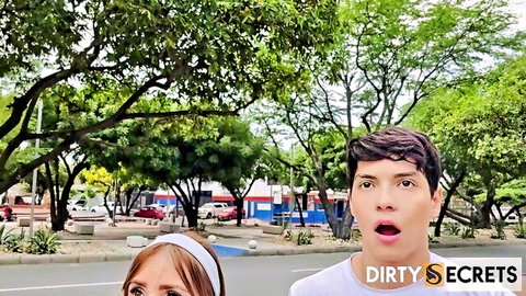 Surprised redhead girl in white headband and shocked guy on sunny street with Dirty Secrets overlay