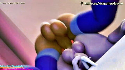 Animated hentai footjob with orange toes on purple balls in blue outfit