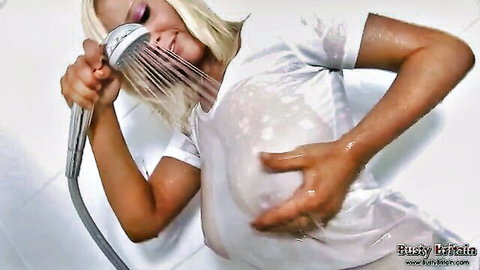 Blonde Grace McKenzie wet t-shirt shower tease, busty solo