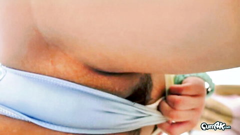 Jade Kush Asian beauty in blue lingerie pulled down for hot creampie closeup