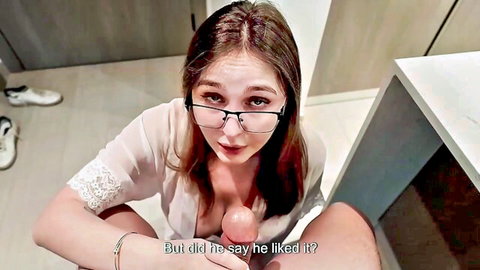 Brunette with glasses in sheer top exposes tits while squatting, POV tease