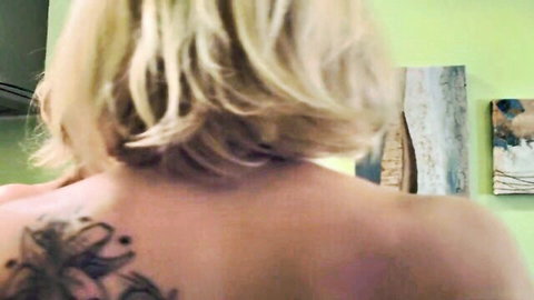 Blonde pornstar Zoey Monroe bare back tattoo in lesbian masturbation scene with Aaliyah Love
