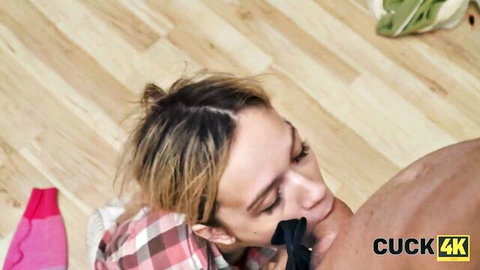 Skinny white teen in plaid shirt kissing muscular black bull's neck in intense cuckold tease