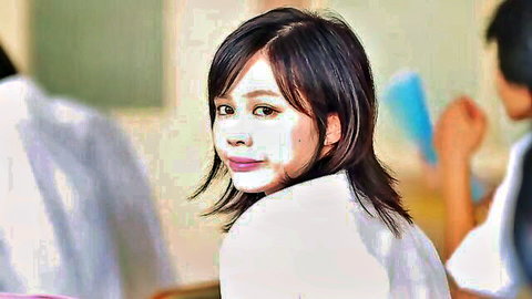 Cute Japanese teen with thick cum facial mask smiling in classroom