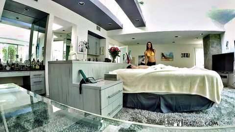 Naked brunette lying ass-up on bed as man grips hips for doggy style fuck in luxury bedroom