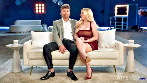 Brianna Coppage curvy blonde hotwife with partner in red dress