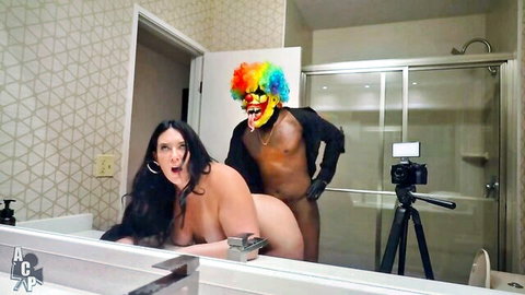 Alex Blair naked on bathroom floor, surprised by clown-masked man ready to fuck her