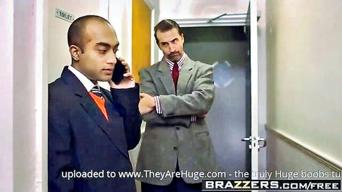 Two suited businessmen in office doorway, Brazzers huge boobs scene from Dress Code Cunt