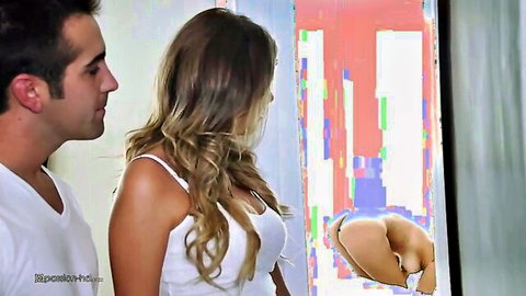 Brunette bends over exposing tight ass and pussy in mirror as man watches hungrily