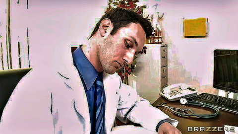 Handsome doctor in white coat at desk, focused look in medical office scene from 'Horny Patient Is Repaying Her Doctor'
