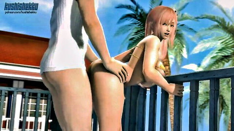 Honoka in white bikini bent over balcony, friend groping ass