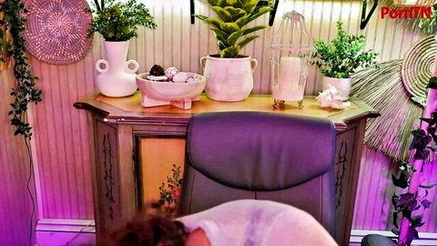 Irma La Dulce teasing surrender on desk in pink top, long hair