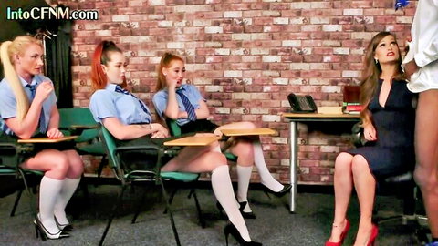 CFNM schoolgirls in uniforms and knee socks sitting at desks with sexy teachers in classroom