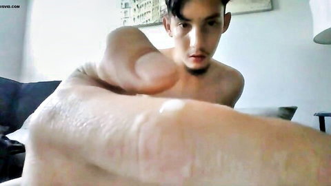 Bushy haired straight hunk masturbates and cums on himself