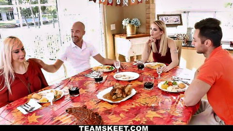 Blonde beauties in tight red dresses at steamy family Thanksgiving dinner