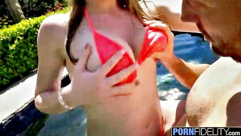 Busty babe in red bikini enjoys poolside anal action